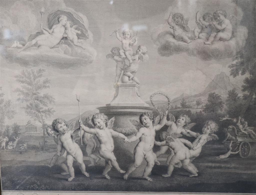 Sigurta after Guido Reni, sepia engraving, Veglia la bella Donna, 34 x 48cm and an engraving of cherubs after Francesco Albani, 42 x 50